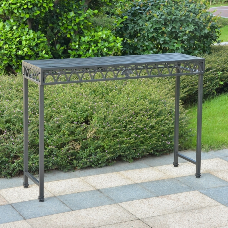 Console Table Outdoor Charcoal Gray Metal Arched Apron Slatted Top