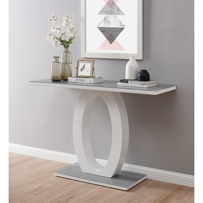 Console Table Oval Base High Gloss Grey Glass Inlay Modern Entryway Styling