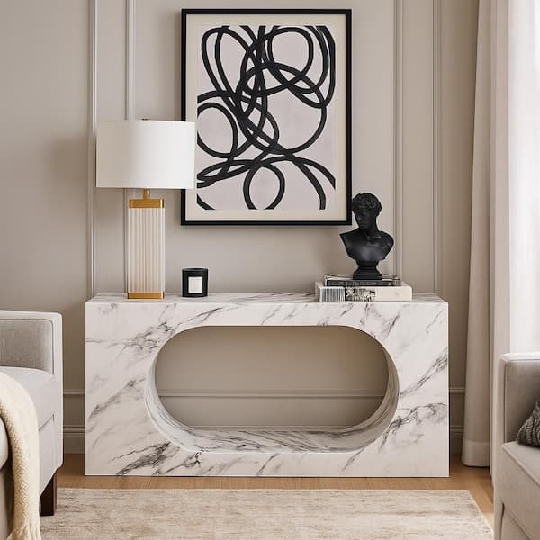 Console Table Oval Cutout Marble Veining Rectangular Block Base Living Room