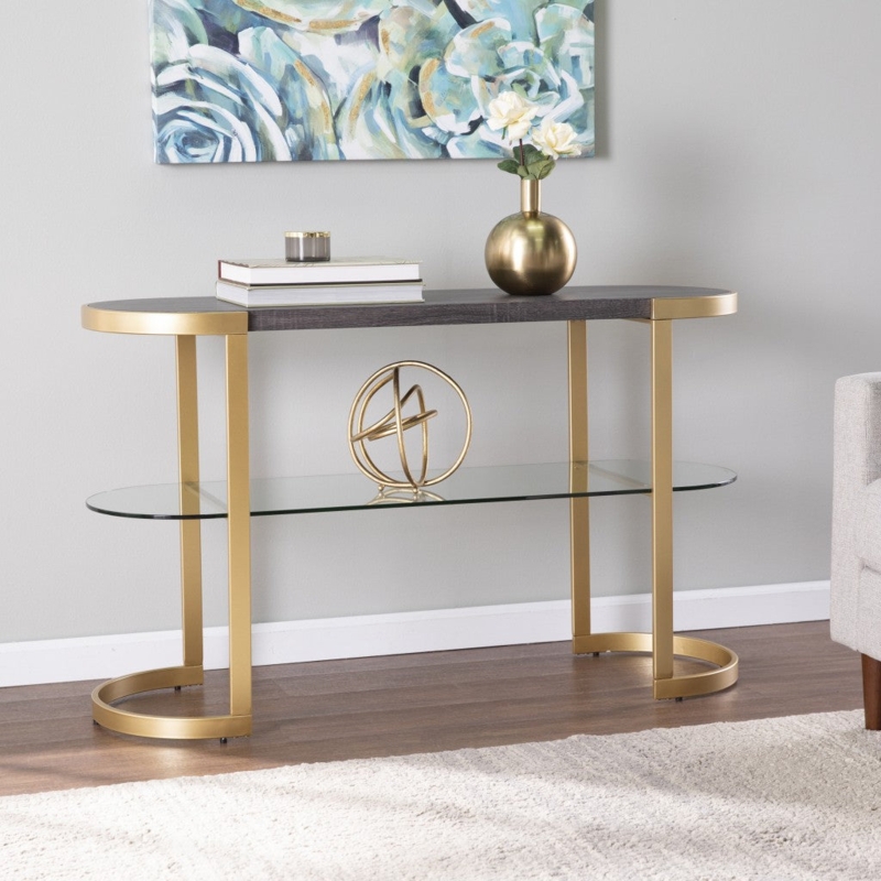 Console Table Oval Silhouette Gold Sled Base Glass Middle Tier Glam