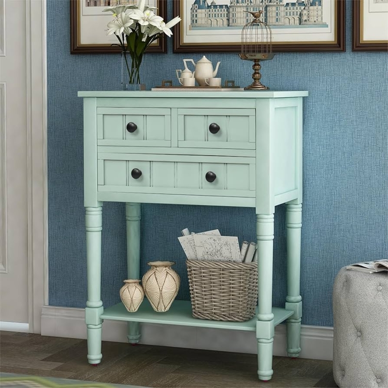 Console Table Pale Green Turned Legs Three Drawer Storage