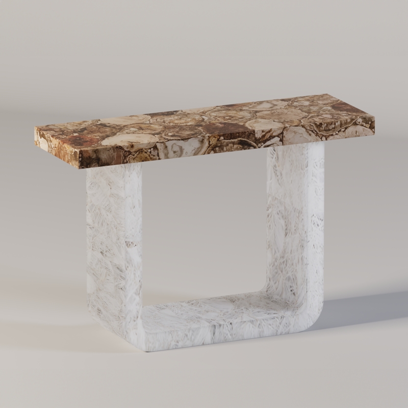 Console Table Petrified Wood Top U-Shaped Quartz Base Organic Modern
