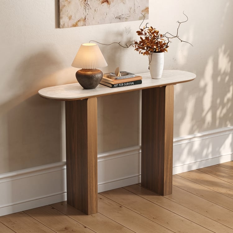 Console Table Pill Shaped Legs Stone-Like Top Wood Toned