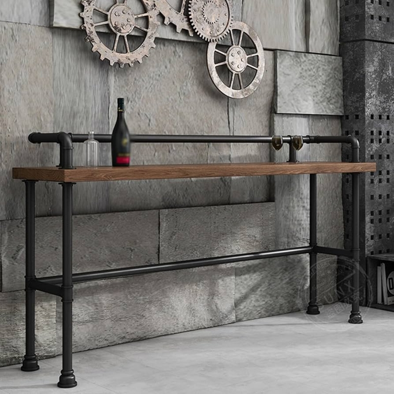 Console Table Pipe Frame Integrated Rail Black Metal Wood Toned Industrial