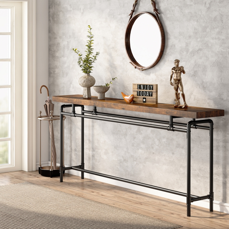 Console Table Pipe Style Base Extra Long Profile Narrow Rustic Industrial