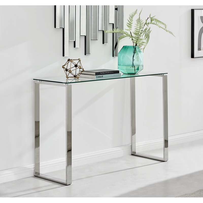 Console Table Polished Chrome Glass Top Sled Base Modern Entryway