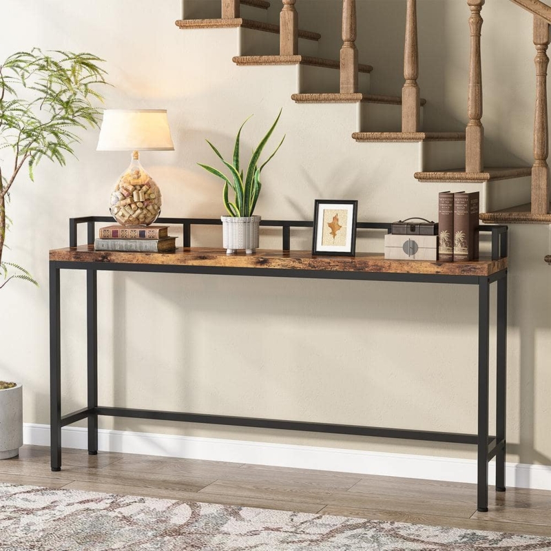 Console Table Raised Back Edge Extra Long Rustic Wood Metal Frame