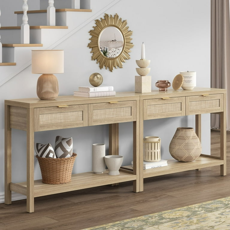 Console Table Rattan Drawer Fronts Boho Style Light Oak Narrow