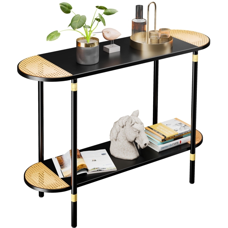 Console Table Rattan Oval Ends Black Metal Two Tier Mixed Material Design