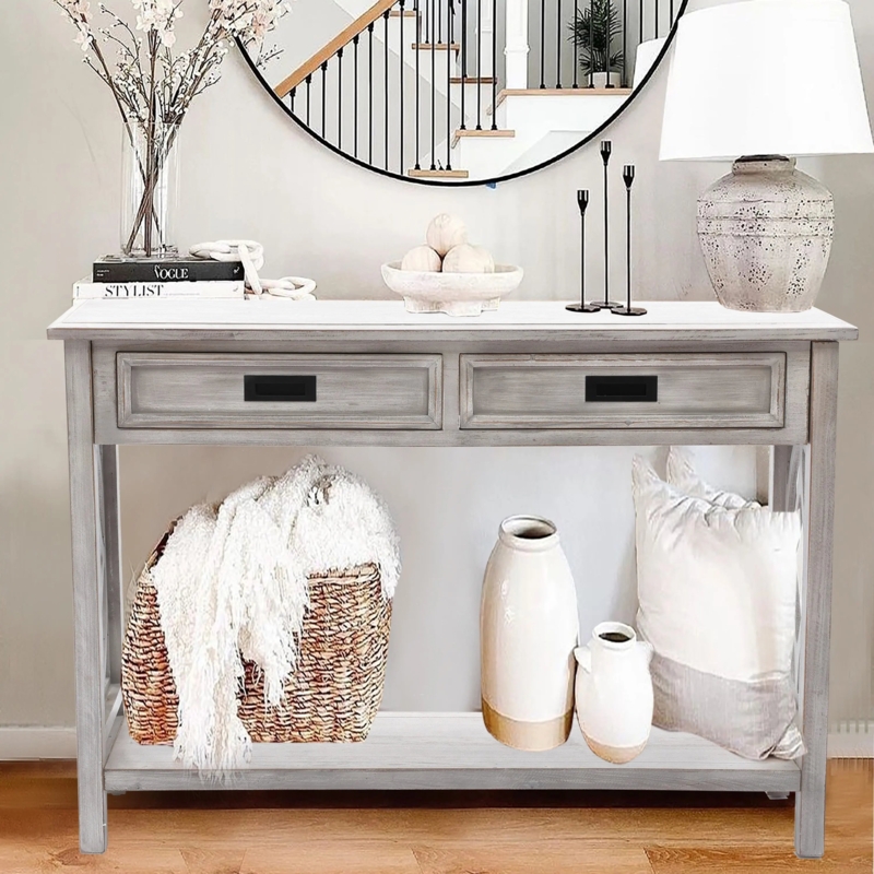 Console Table Recessed Panels Weathered Gray Lower Shelf