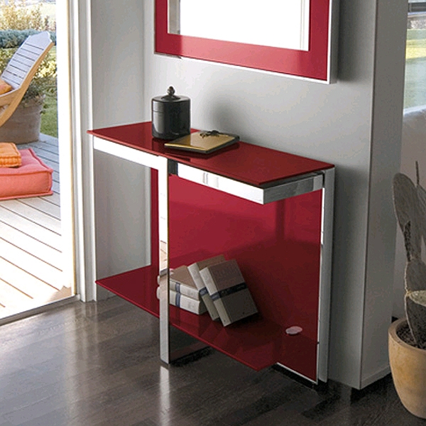 Console Table, Red Glass Tiers, Polished Chrome Frame, Ultra Modern.