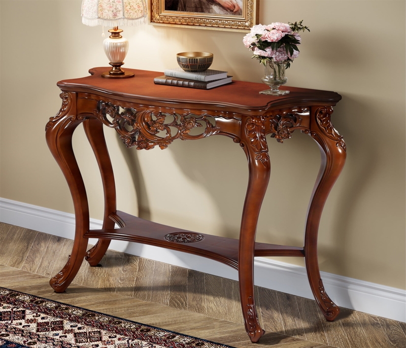 Console Table Reddish Brown Hollow Floral Apron Cabriole Legs Vintage