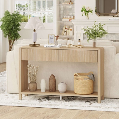 Console Table Ribbed Drawers Curved Edges Light Oak Entryway Storage