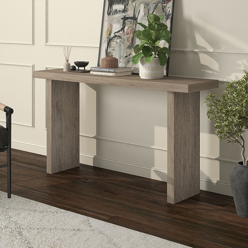 Console Table Ribbed Legs Antiqued Oak Slab Top Pedestal Base