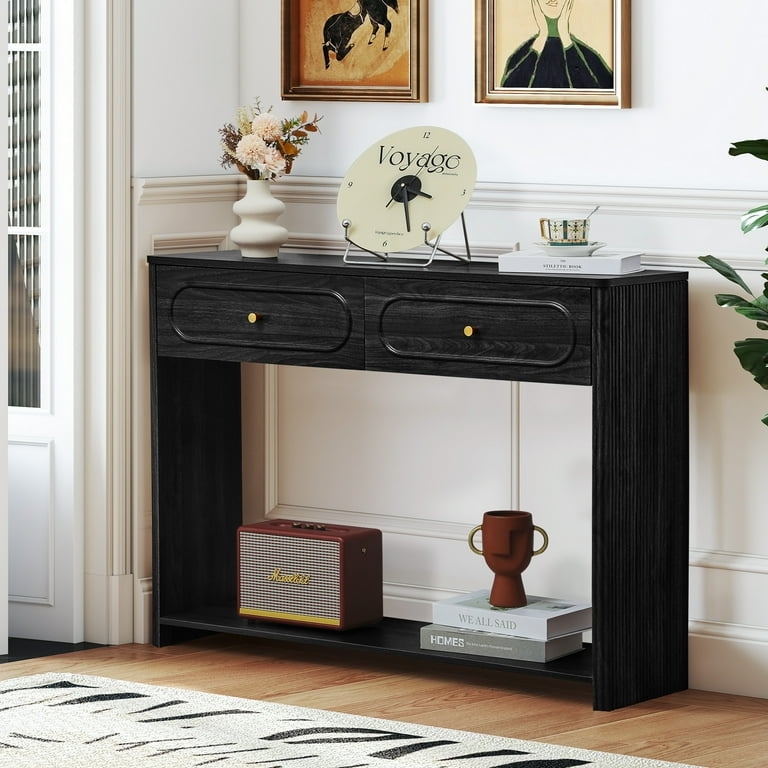 Console Table Ribbed Sides Oval Drawer Frames Gold Knobs