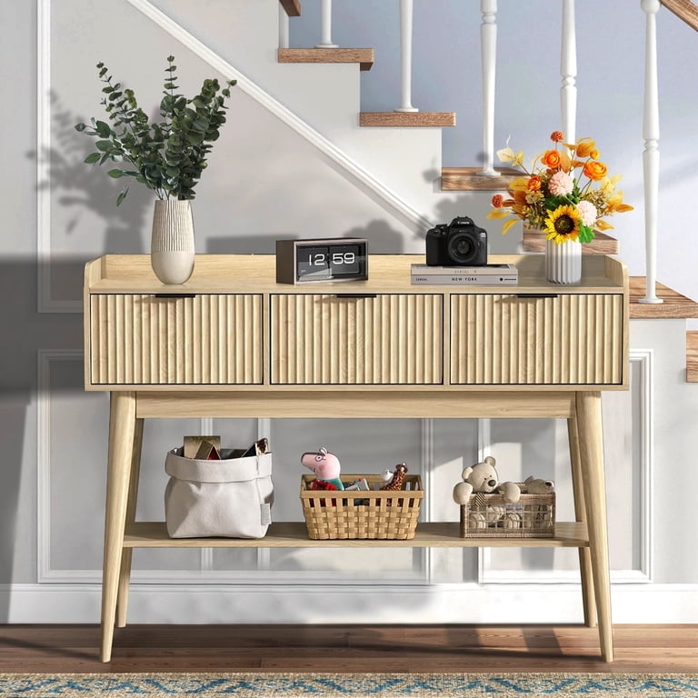 Console Table Ribbed Wood Drawers Scandinavian Entryway
