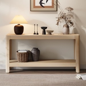 Console Table Rounded Corners Open Shelving Natural Wood Tone Japandi