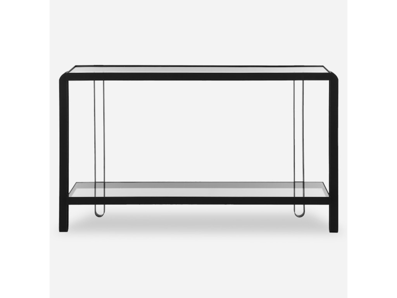 Console Table Rounded Frame Corners Dark Metal Glass Shelves Modern Design