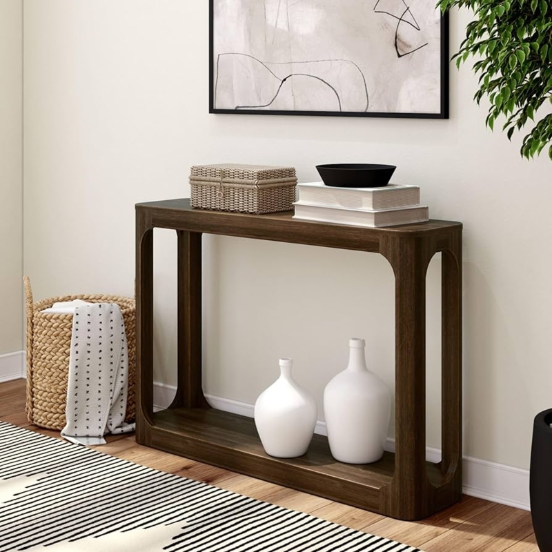 Console Table Rounded Interior Corners Bottom Shelf Dark Wood