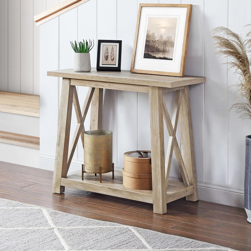 Console Table Rustic Gray Finish Weathered Wood Texture Open Storage