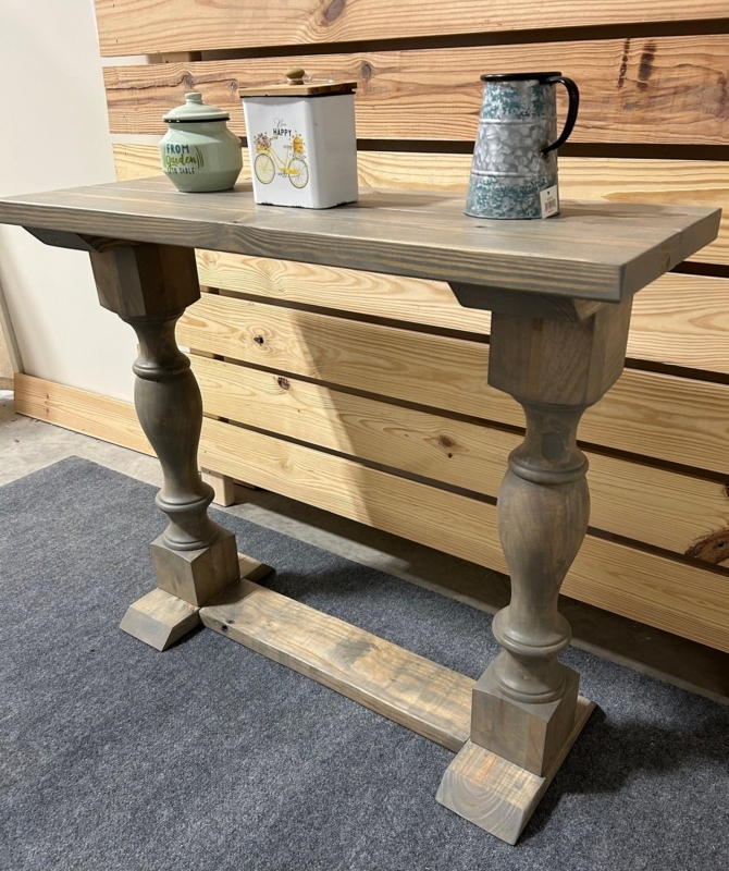Console Table Rustic Gray Turned Legs Trestle Stretcher