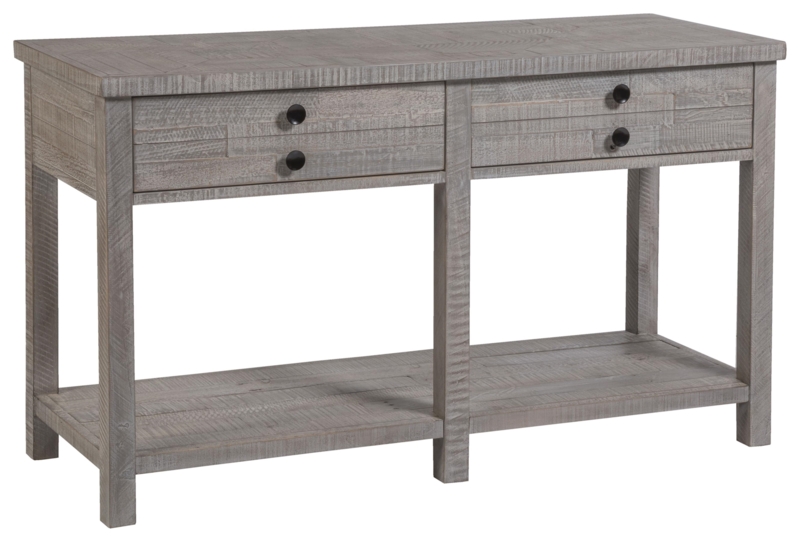 Console Table Rustic Weathered Gray Finish Two Drawers Open Lower Shelf