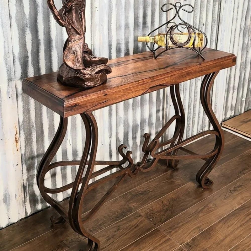 Console Table Rustic Western Wrought Iron Base Thick Wood Slab