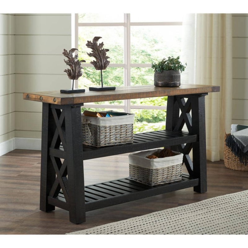 Console Table Rustic X-Brace Sides Two Tone Three Tier