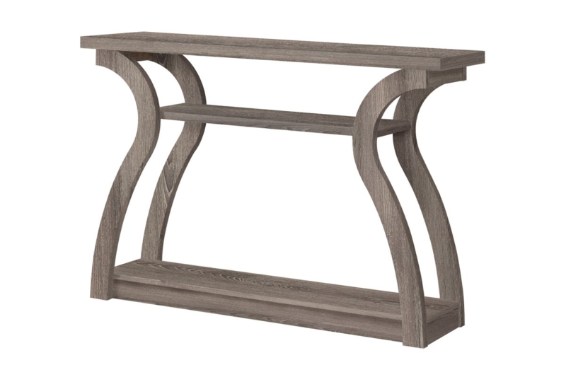 Console Table S Curved Side Supports Three Tier Open Shelving Wood Tone