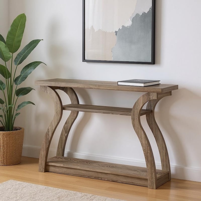 Console Table S Shaped Base Curved Legs Three Tier Storage Wood Finish