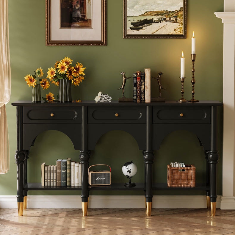 Console Table Satin Black Arched Base Roman Column Legs Gold Feet