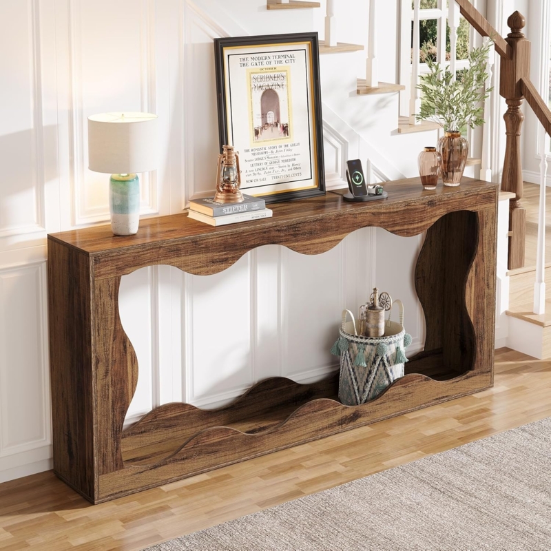 Console Table Scalloped Cutout Wavy Design Extra Wide Natural Wood Grain