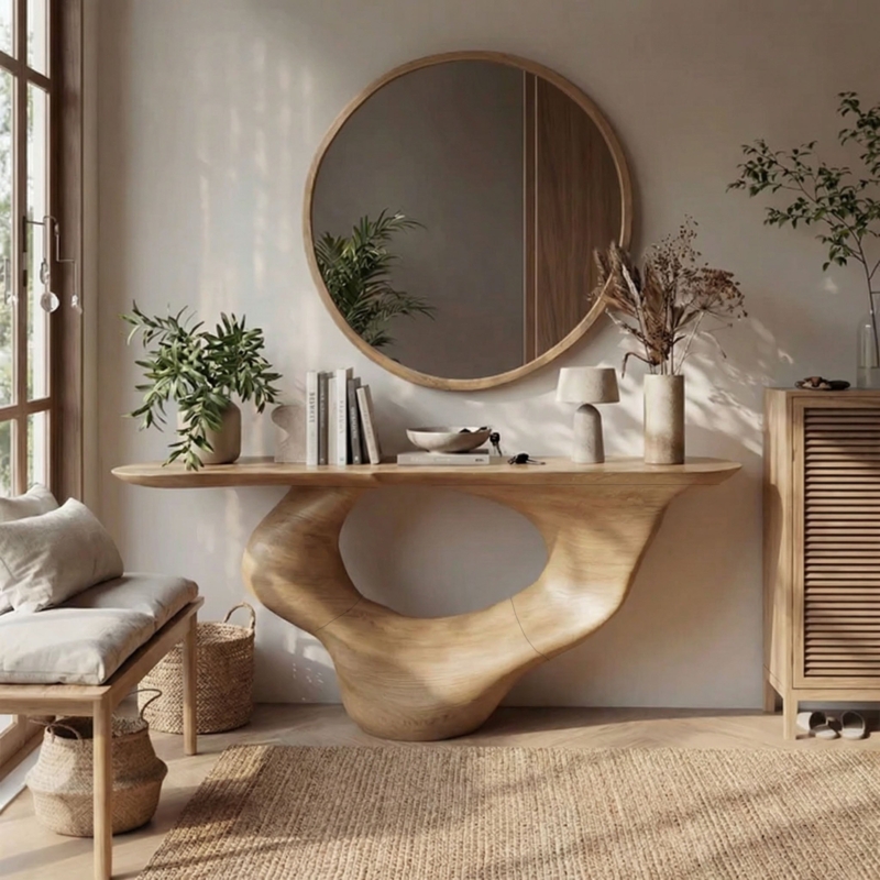Console Table Sculptural Base Circular Cutout Organic Form Light Wood