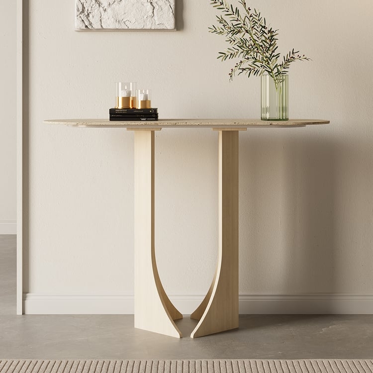Console Table Sculptural C Base Pitted Stone-Like Top