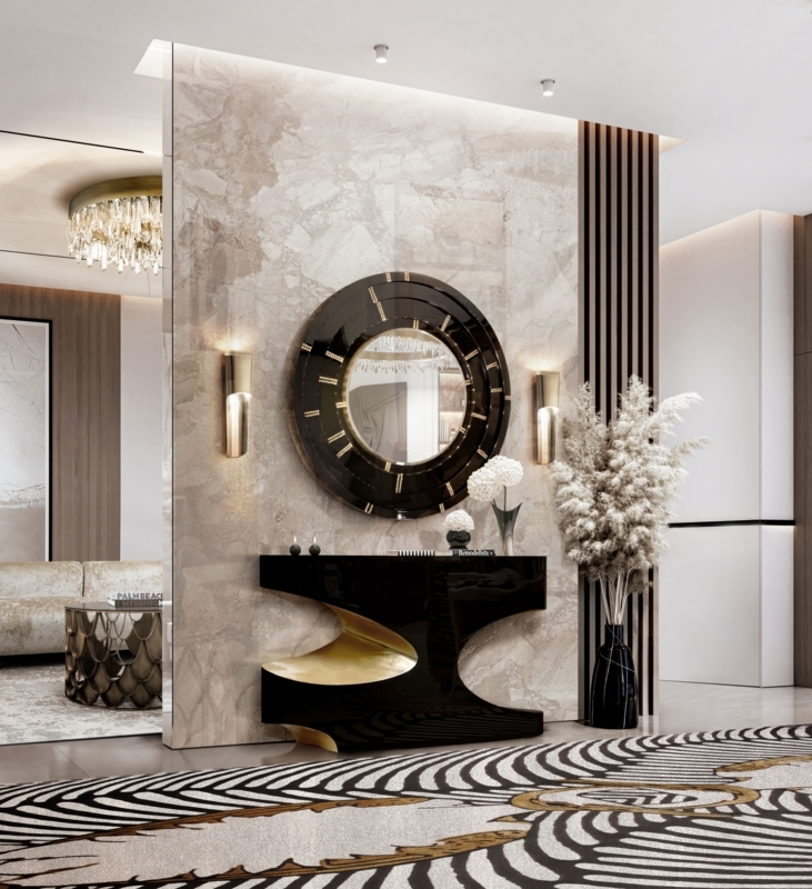 Console Table Sculptural Cutout Base Glossy Black Gold