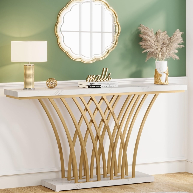 Console Table Sculptural Gold Base Faux Marble Top Glam Entryway
