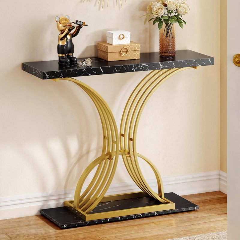 Console Table Sculptural Ribbed Base Black Marbled Top Two Tier Design