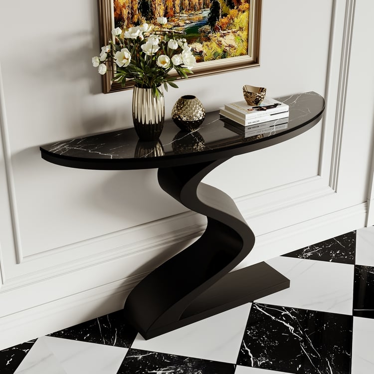 Console Table Sculptural S-Shaped Base Black Veined Stone Top