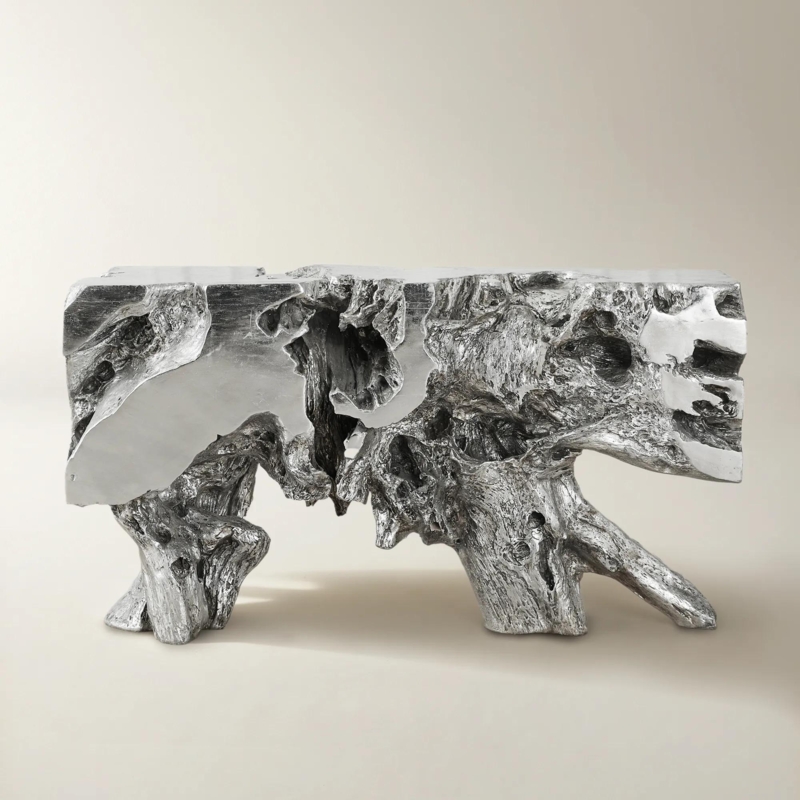 Console Table Sculptural Tree Trunk Form Textured Silver