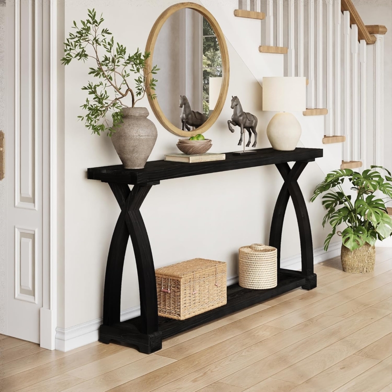 Console Table Sculptural X Base Dark Brown Rustic Modern