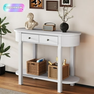 Console Table Semi-Oval Top White Entryway Storage