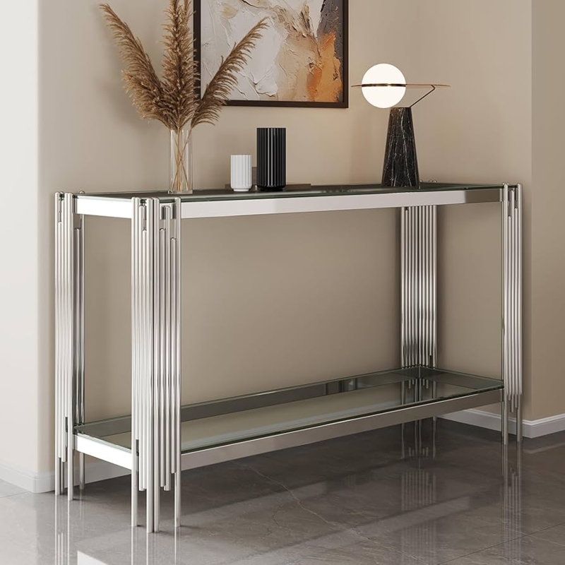 Console Table Silver Two Tier Glass Tiered Rod Legs Polished
