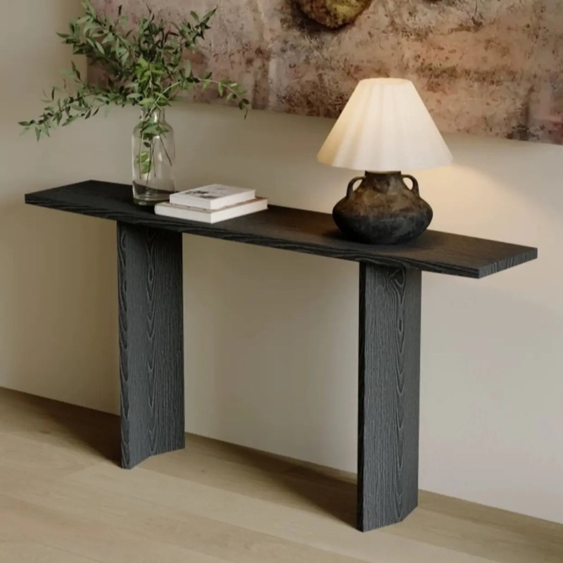 Console Table Slab Legs Charcoal Wood Grain Modern Rustic Minimalist