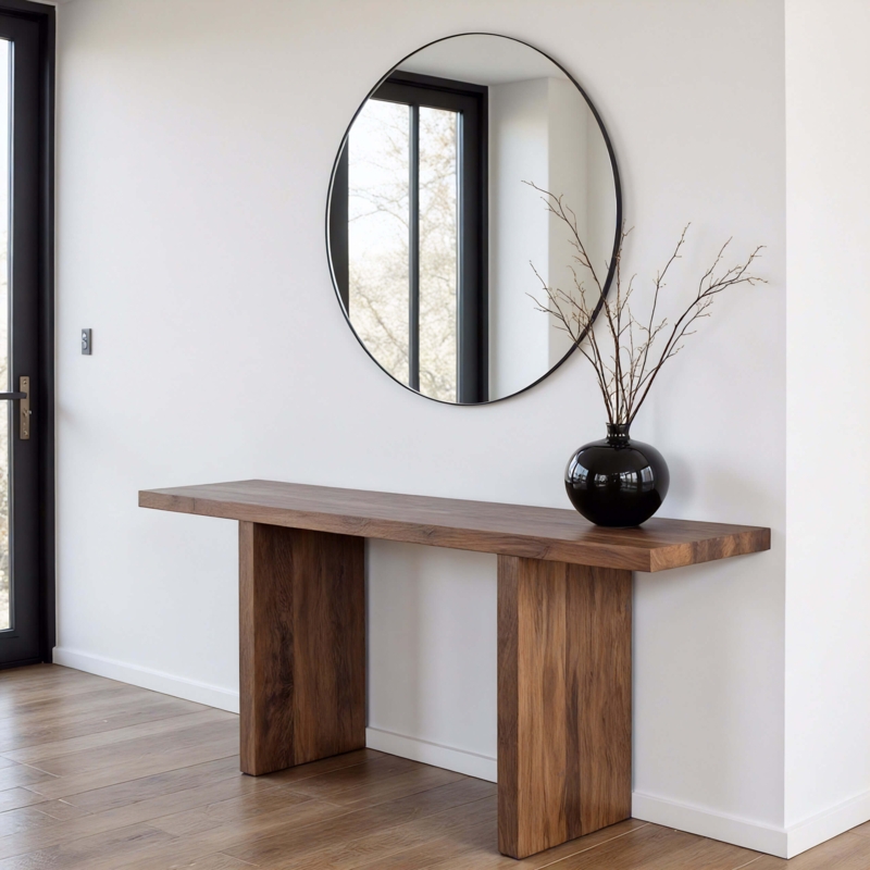 Console Table Slab Legs Thick Top Simple Profile Brown Wood Tone