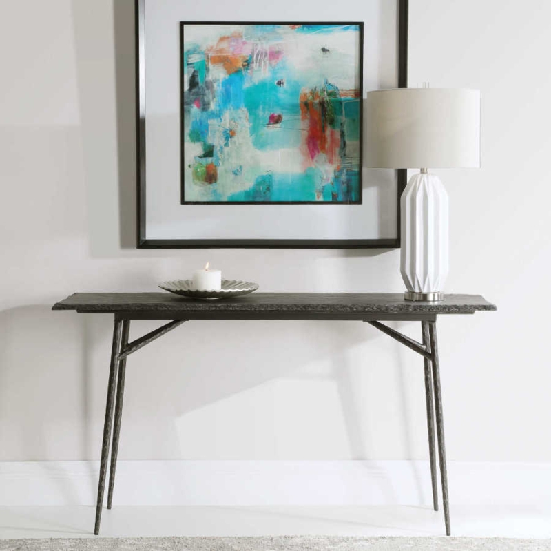 Console Table Slate Top Iron Trestle Base Slim Industrial Profile
