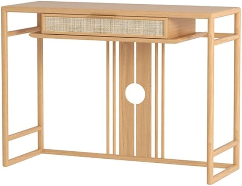 Console Table Slatted Back Panel Circular Cutout Woven Drawer Japandi Boho
