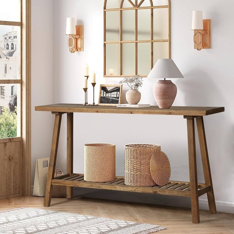 Console Table Slatted Bottom Shelf Trestle Base Wood FarmhouseEntryway