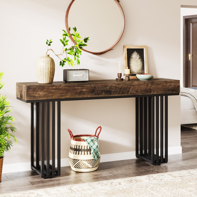 Console Table Slatted Legs Thick Wood Top Industrial Modern Farmhouse