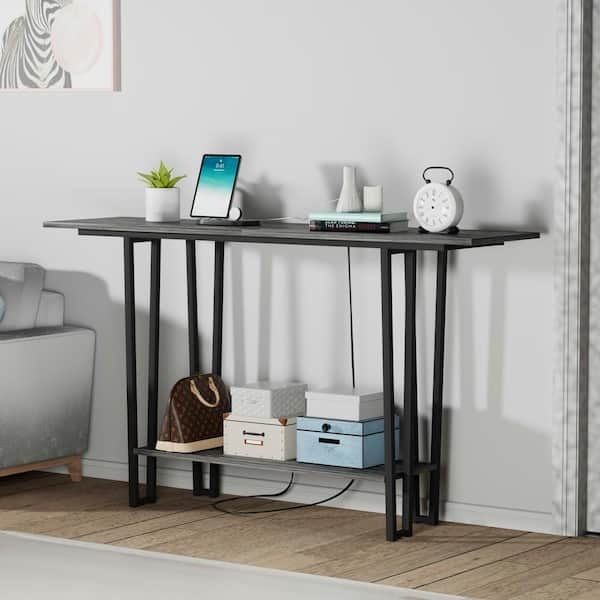 Console Table Slatted Metal Legs Gray Wood Two-Tier Minimalist Styling