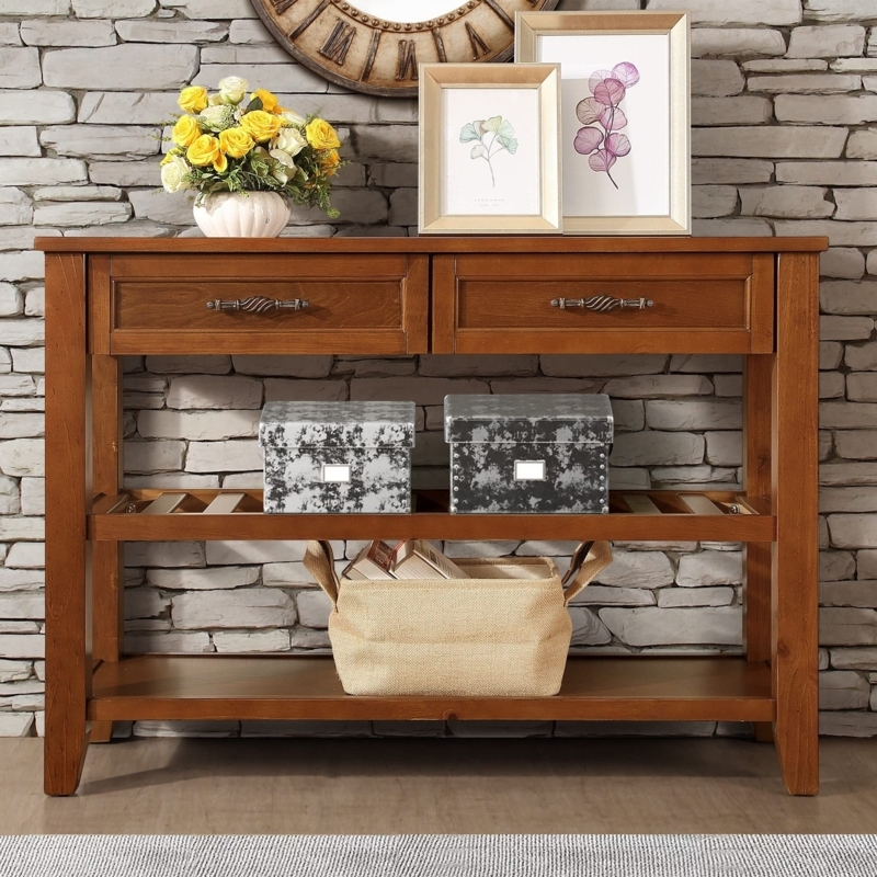 Console Table Slatted Shelf Two Drawers Wood Toned Storage Drawers